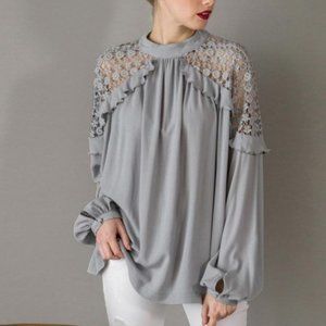 KAYLA'S ARMOIRE Grey Lace Detail Blouse
